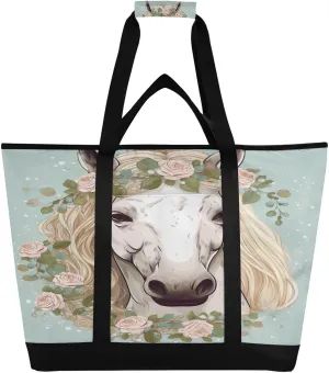 Flower Horse Tote Bag for Women with Zipper Reusable Grocery Bags Foldable Insulated Cooler Bag Shopping Bags Handbags Totes for Groceries Beach Travel Work Picnic