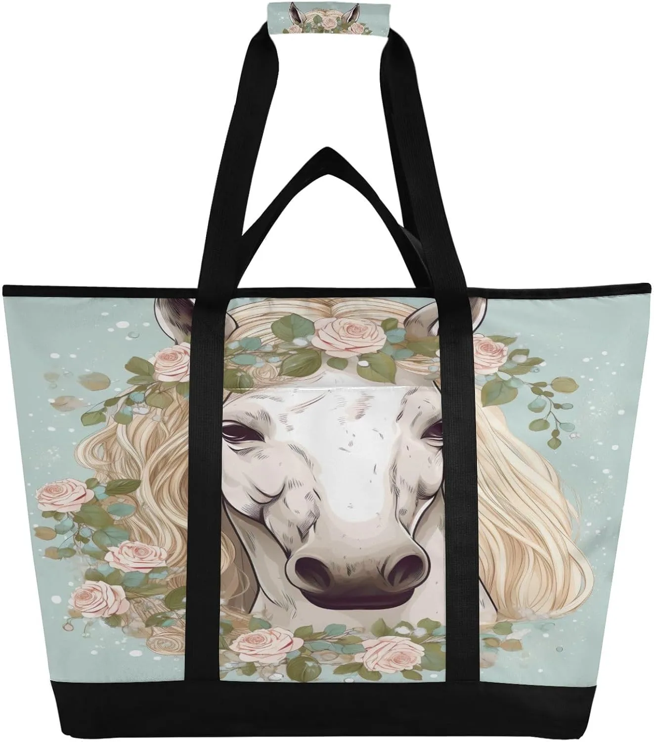 Flower Horse Tote Bag for Women with Zipper Reusable Grocery Bags Foldable Insulated Cooler Bag Shopping Bags Handbags Totes for Groceries Beach Travel Work Picnic