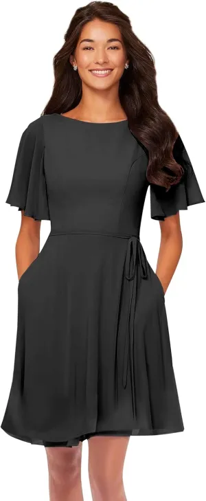 Flutter Sleeve Short Bridesmaid Dresses with Pockets Sash Chiffon A-Line Boat Neck Formal Cocktail Evening Gown
