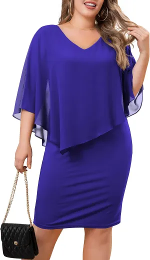 FOLUNSI Women's Plus Size V Neck Bodycon Pencil Dresses Chiffon Cape Midi Dress L-4XL