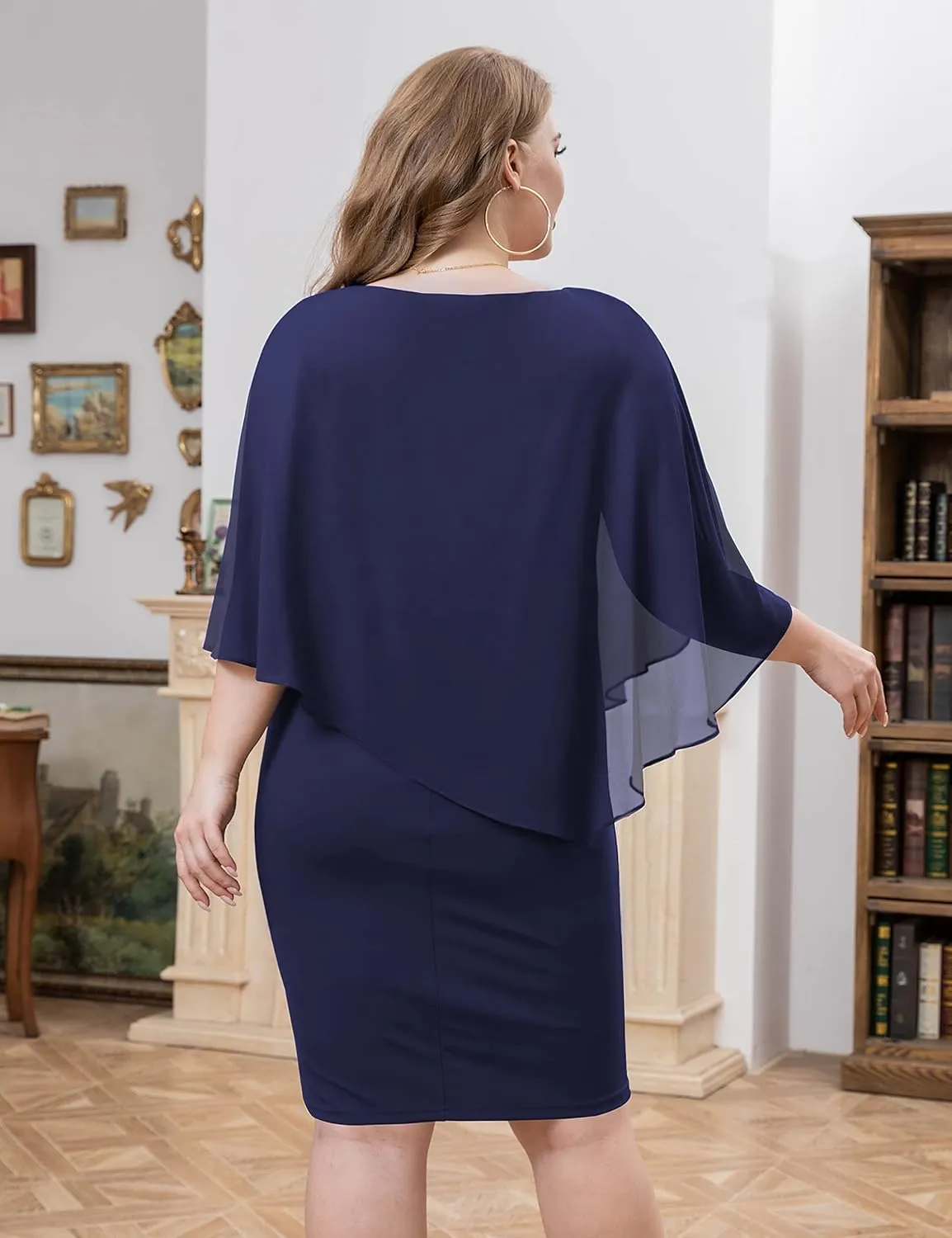 FOLUNSI Women's Plus Size V Neck Bodycon Pencil Dresses Chiffon Cape Midi Dress L-4XL