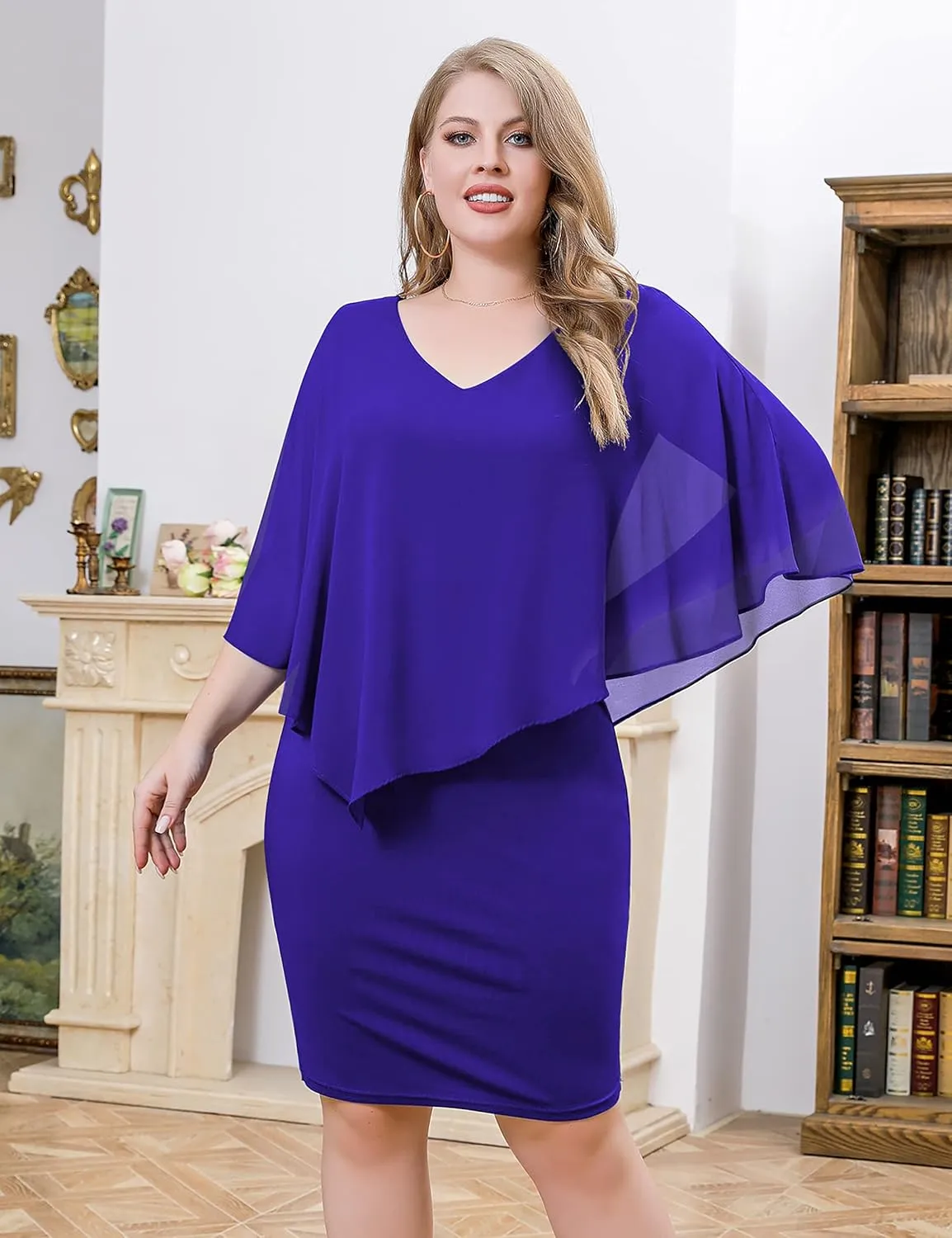 FOLUNSI Women's Plus Size V Neck Bodycon Pencil Dresses Chiffon Cape Midi Dress L-4XL