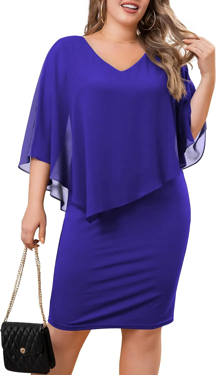 FOLUNSI Women's Plus Size V Neck Bodycon Pencil Dresses Chiffon Cape Midi Dress L-4XL