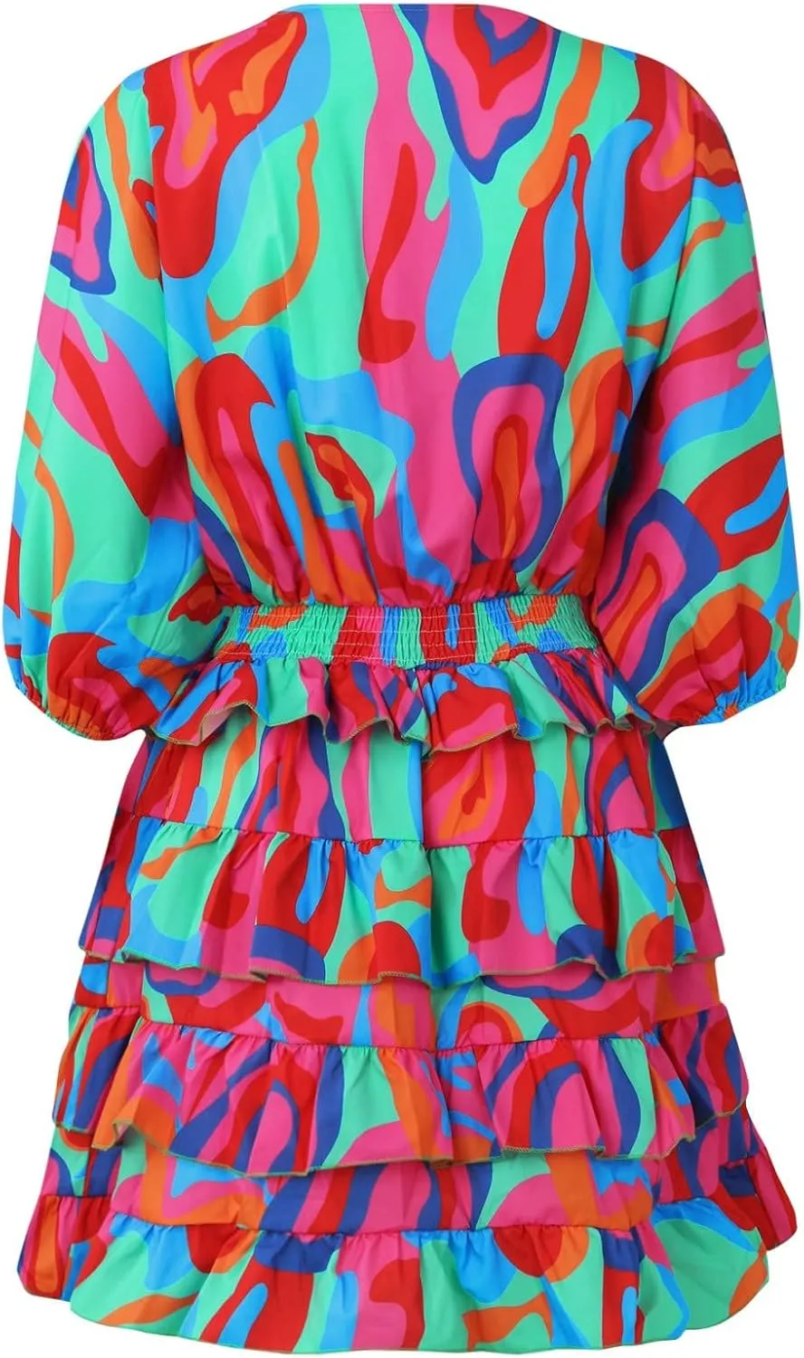 Formal Dresses for Women Batwing Sleeve V Neck Elastic Waist Boho Overall Work Dresses for Women