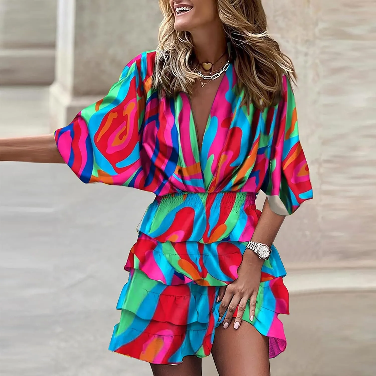 Formal Dresses for Women Batwing Sleeve V Neck Elastic Waist Boho Overall Work Dresses for Women