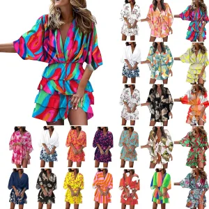 Formal Dresses for Women Batwing Sleeve V Neck Elastic Waist Boho Overall Work Dresses for Women