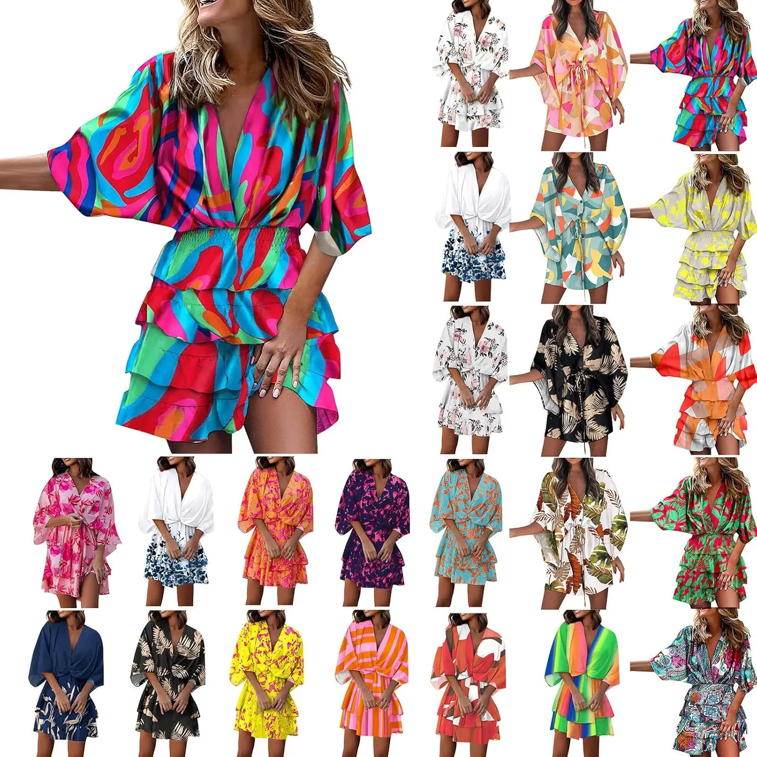 Formal Dresses for Women Batwing Sleeve V Neck Elastic Waist Boho Overall Work Dresses for Women