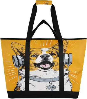 Funny Dogs Tote Bag for Women with Zipper Reusable Grocery Bags Foldable Insulated Cooler Bag Shopping Bags Totes Handbags for Groceries Beach Travel Picnic Work