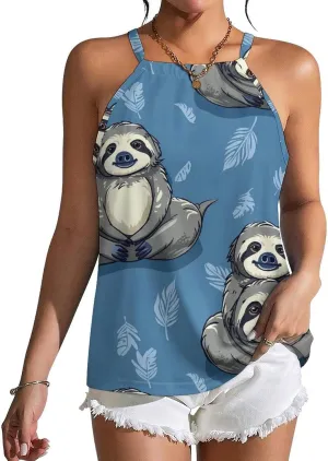 Funny Sloth Women's Tank Top Sleeveless Spaghetti Straps Tie Back Print T-shirt Tops