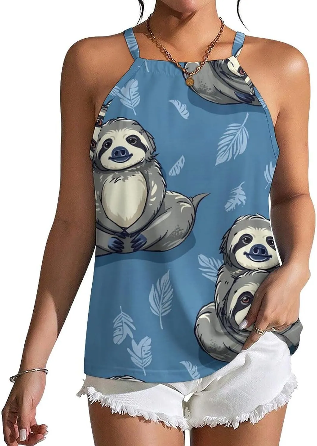 Funny Sloth Women's Tank Top Sleeveless Spaghetti Straps Tie Back Print T-shirt Tops