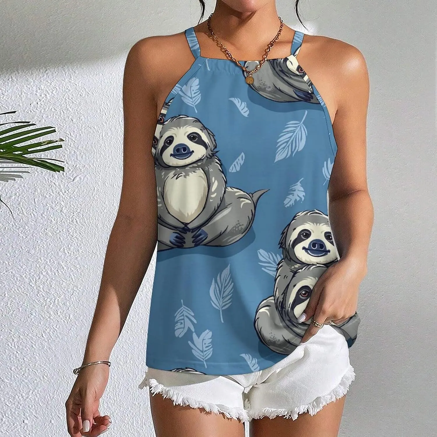 Funny Sloth Women's Tank Top Sleeveless Spaghetti Straps Tie Back Print T-shirt Tops
