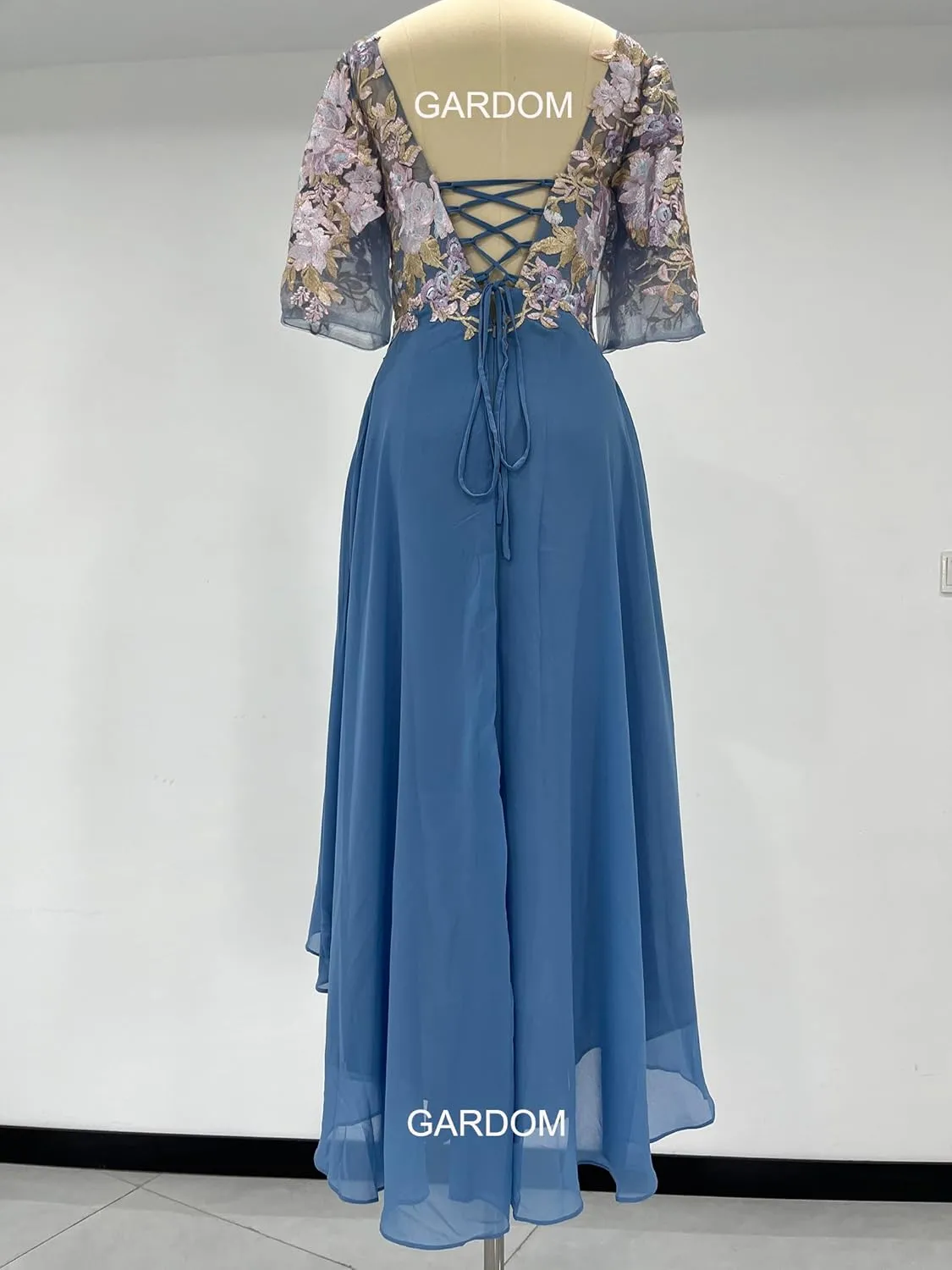 GARDOM Embroidery Midi Mother of The Bride Dresses for Wedding Tea Length Half Sleeve Lace Chiffon Formal Evening Gowns