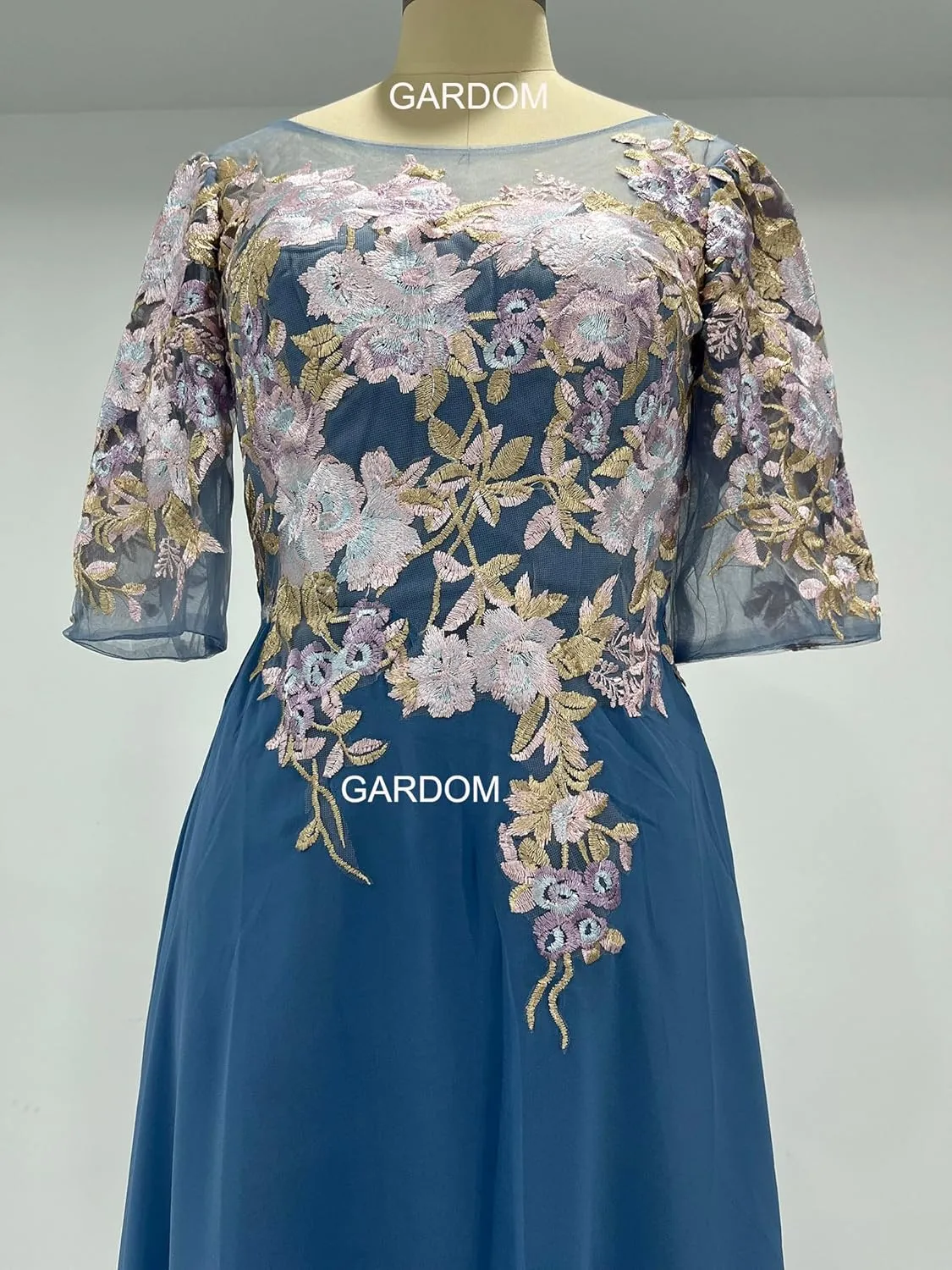 GARDOM Embroidery Midi Mother of The Bride Dresses for Wedding Tea Length Half Sleeve Lace Chiffon Formal Evening Gowns