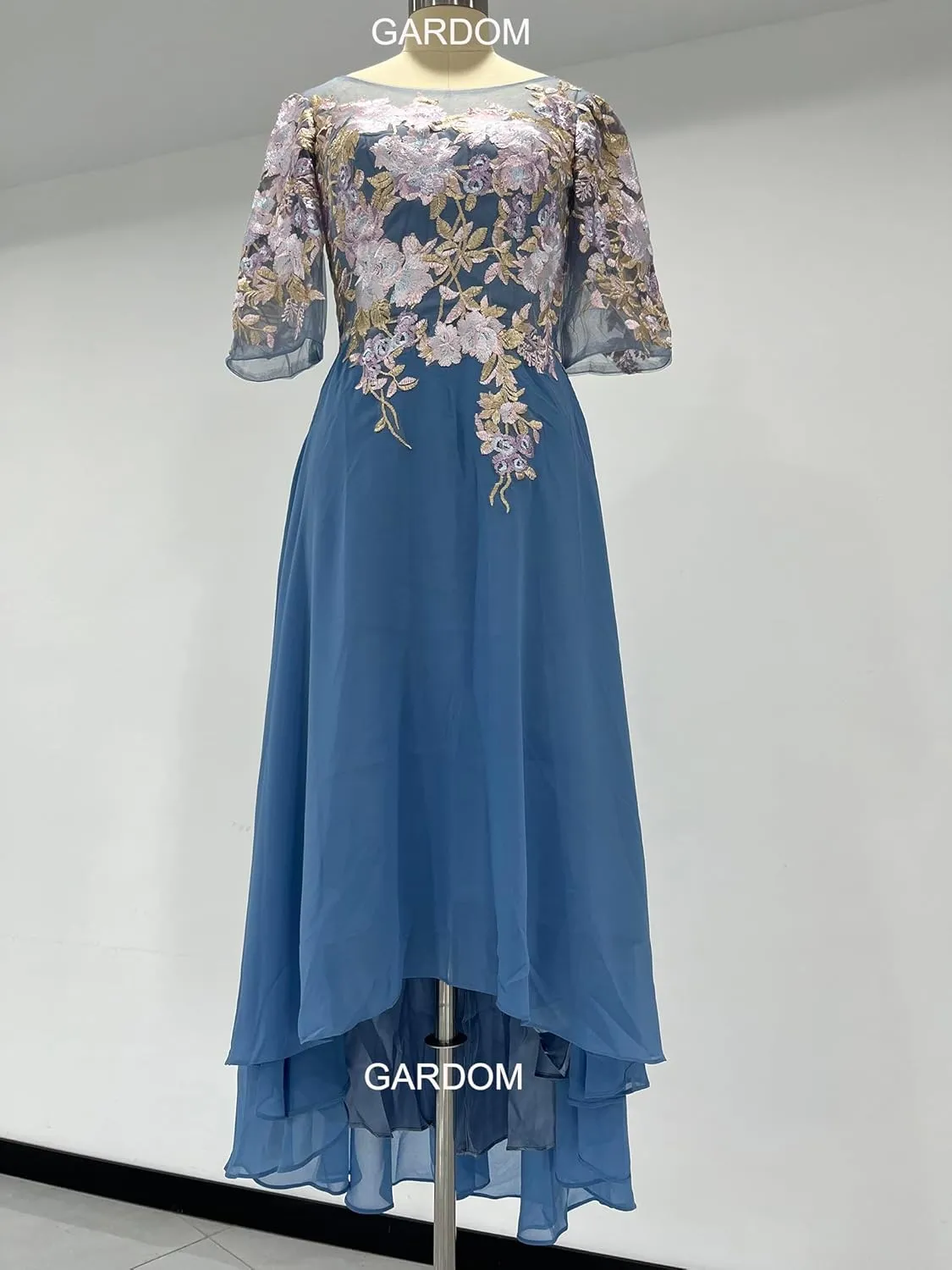 GARDOM Embroidery Midi Mother of The Bride Dresses for Wedding Tea Length Half Sleeve Lace Chiffon Formal Evening Gowns