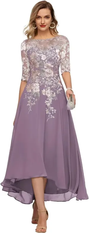 GARDOM Embroidery Midi Mother of The Bride Dresses for Wedding Tea Length Half Sleeve Lace Chiffon Formal Evening Gowns