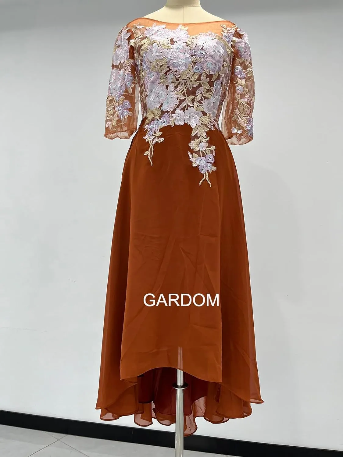 GARDOM Embroidery Midi Mother of The Bride Dresses for Wedding Tea Length Half Sleeve Lace Chiffon Formal Evening Gowns