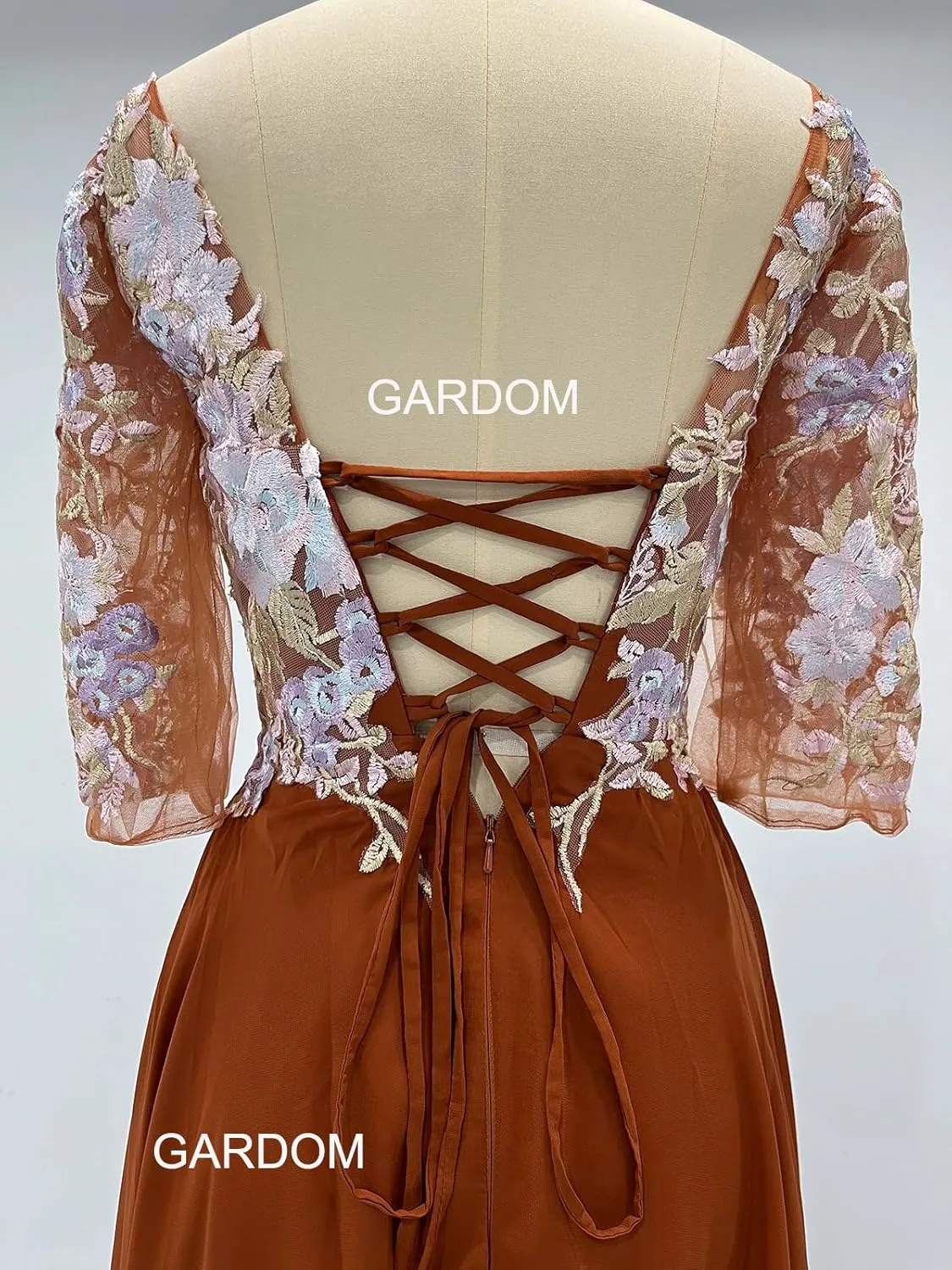 GARDOM Embroidery Midi Mother of The Bride Dresses for Wedding Tea Length Half Sleeve Lace Chiffon Formal Evening Gowns