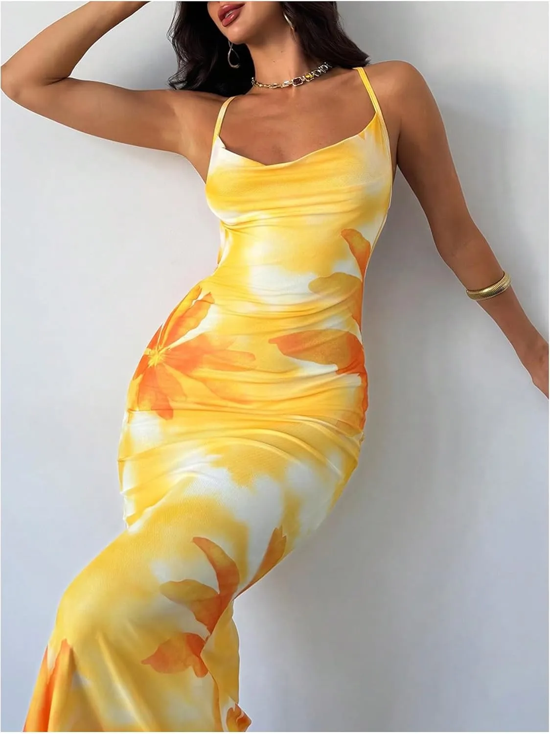 GORGLITTER Women's Floral Mesh Bodycon Fishtail Maxi Dresses Open Back Bow Tie Birthday Wedding Guest Dinner Long Dress