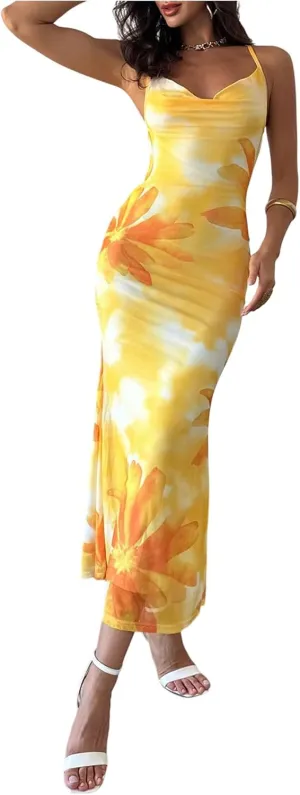 GORGLITTER Women's Floral Mesh Bodycon Fishtail Maxi Dresses Open Back Bow Tie Birthday Wedding Guest Dinner Long Dress