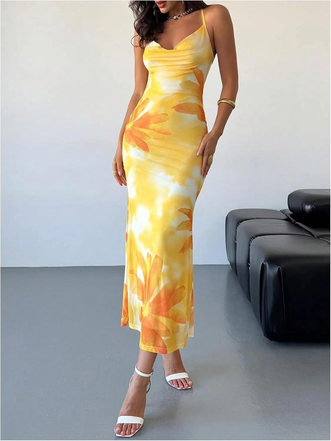 GORGLITTER Women's Floral Mesh Bodycon Fishtail Maxi Dresses Open Back Bow Tie Birthday Wedding Guest Dinner Long Dress