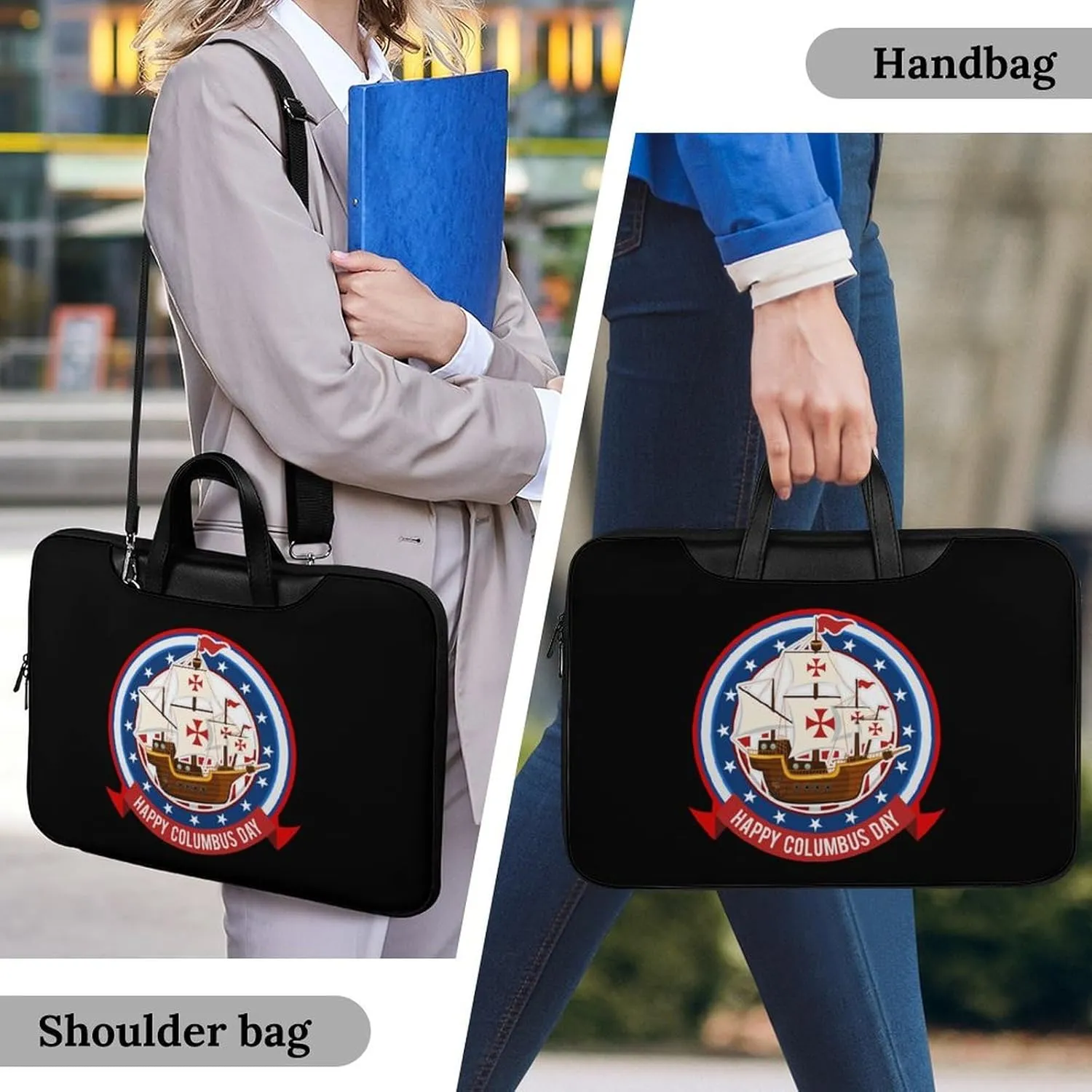 Happy Columbus Day Leather Bag Laptop Case Slim Water Resistant Computer Bags with Handle Briefcase for Work
