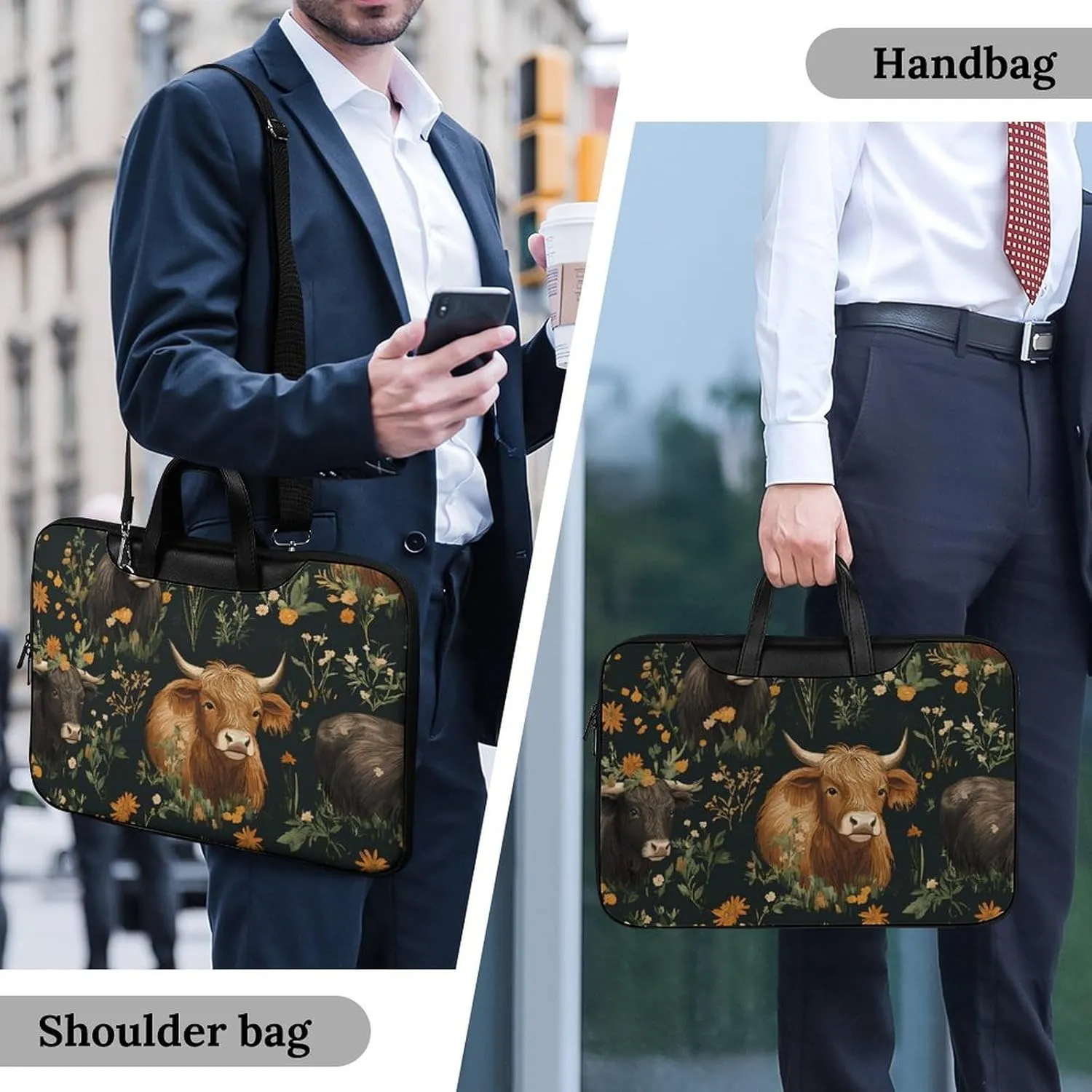 Highland Cows And Flowers Leather Bag Laptop Case Slim Water Resistant Computer Bags with Handle Briefcase for Work