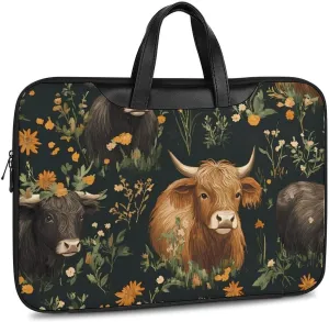 Highland Cows And Flowers Leather Bag Laptop Case Slim Water Resistant Computer Bags with Handle Briefcase for Work