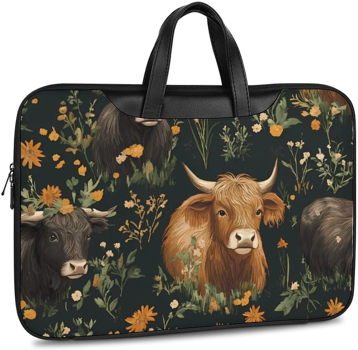 Highland Cows And Flowers Leather Bag Laptop Case Slim Water Resistant Computer Bags with Handle Briefcase for Work