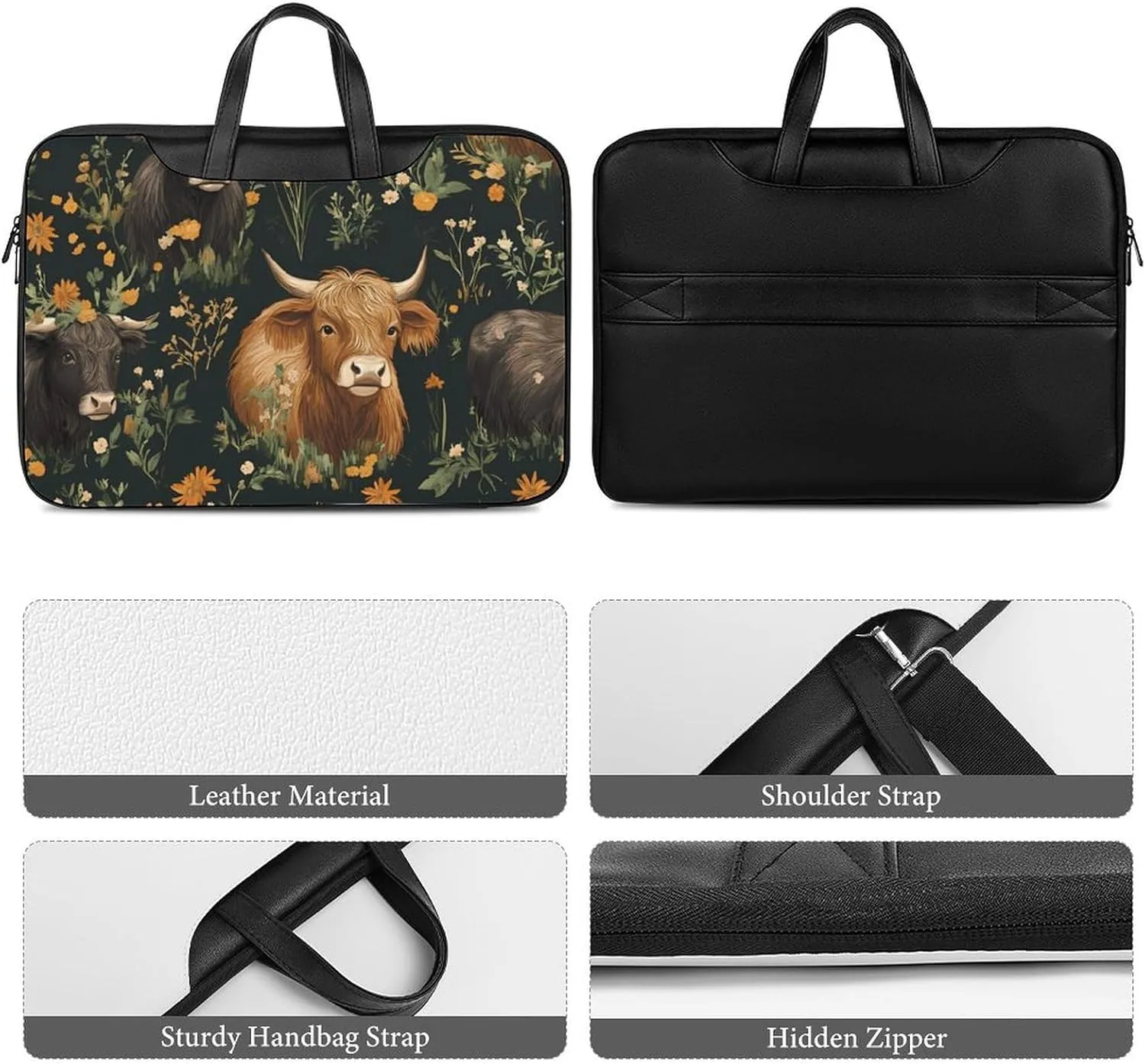 Highland Cows And Flowers Leather Bag Laptop Case Slim Water Resistant Computer Bags with Handle Briefcase for Work