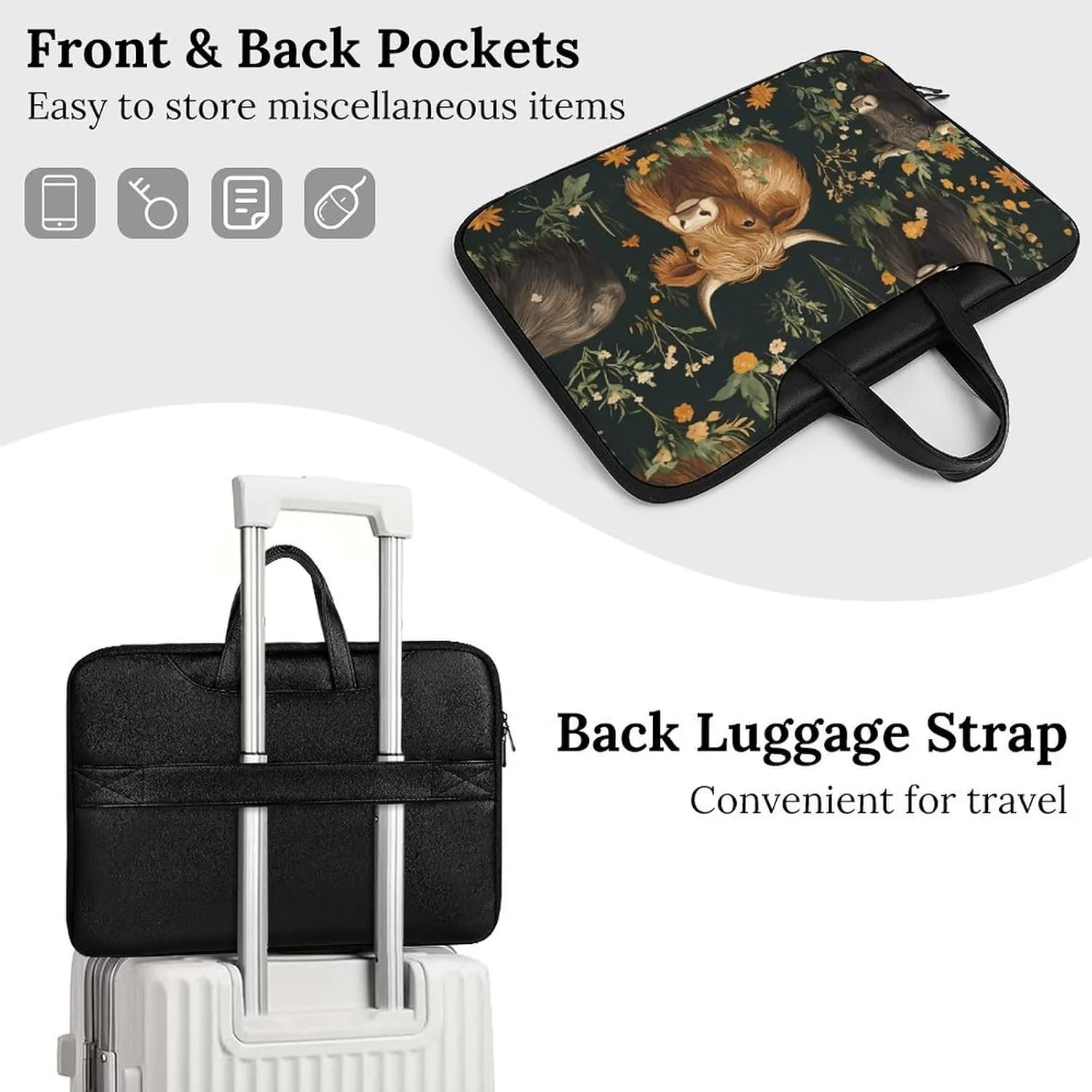 Highland Cows And Flowers Leather Bag Laptop Case Slim Water Resistant Computer Bags with Handle Briefcase for Work