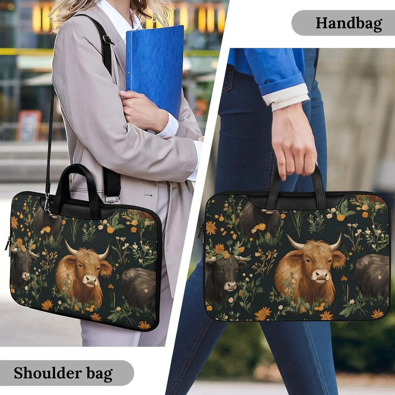 Highland Cows And Flowers Leather Bag Laptop Case Slim Water Resistant Computer Bags with Handle Briefcase for Work