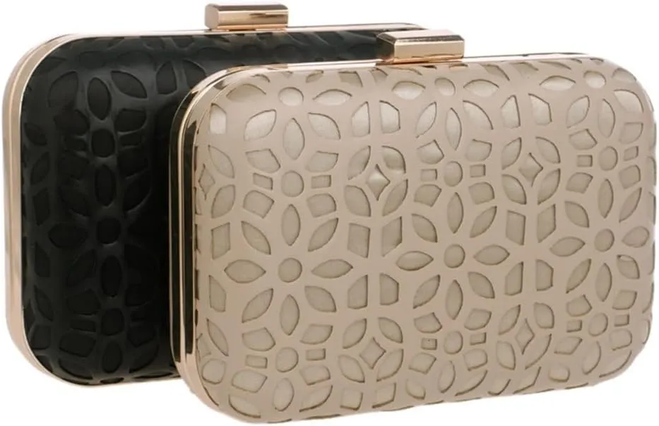 Hollow Out Pu Evening Bags with Chain Shoulder Day Clutches Evening Bags Black/Gold Purse Wallets(E)