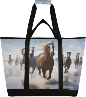 Horse Running Tote Bag for Women with Zipper Reusable Grocery Bags Foldable Insulated Cooler Bag Shopping Bags Totes Handbags for Groceries Travel Beach Picnic Work