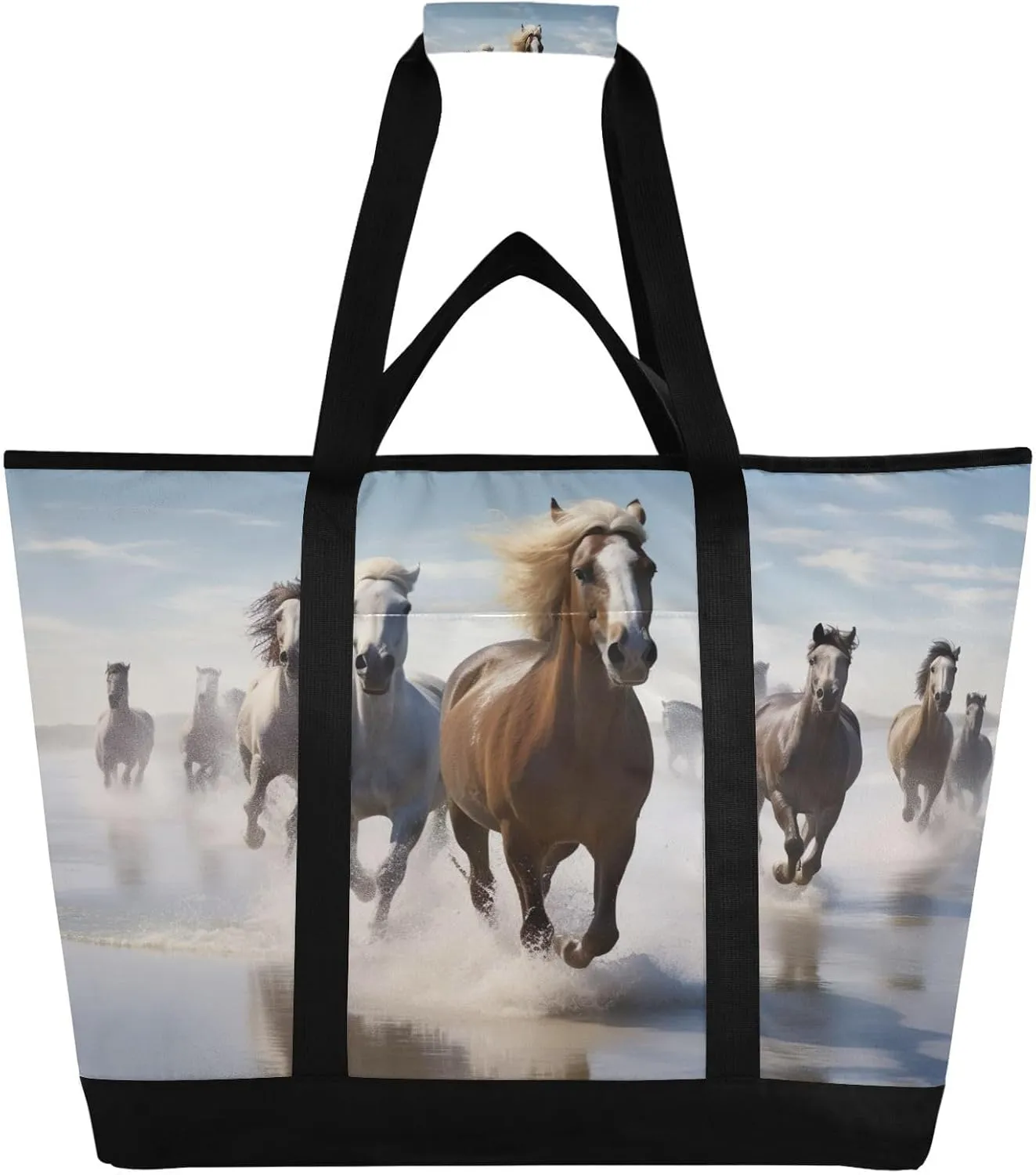 Horse Running Tote Bag for Women with Zipper Reusable Grocery Bags Foldable Insulated Cooler Bag Shopping Bags Totes Handbags for Groceries Travel Beach Picnic Work