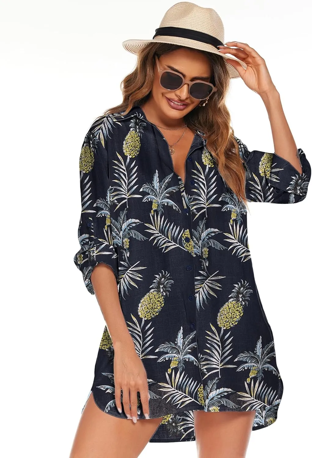 HOTOUCH Women Boyfriend Shirts Button Down Long Sleeve Blouse Cuffed Sleeve Collared Shirt