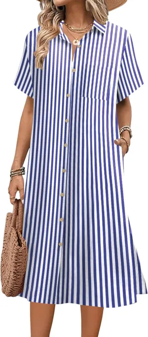 HOTOUCH Womens Dress Summer Casual Midi Short Sleeve Button Down Shirt Dresses Loose Beach Cover Up with Pockets
