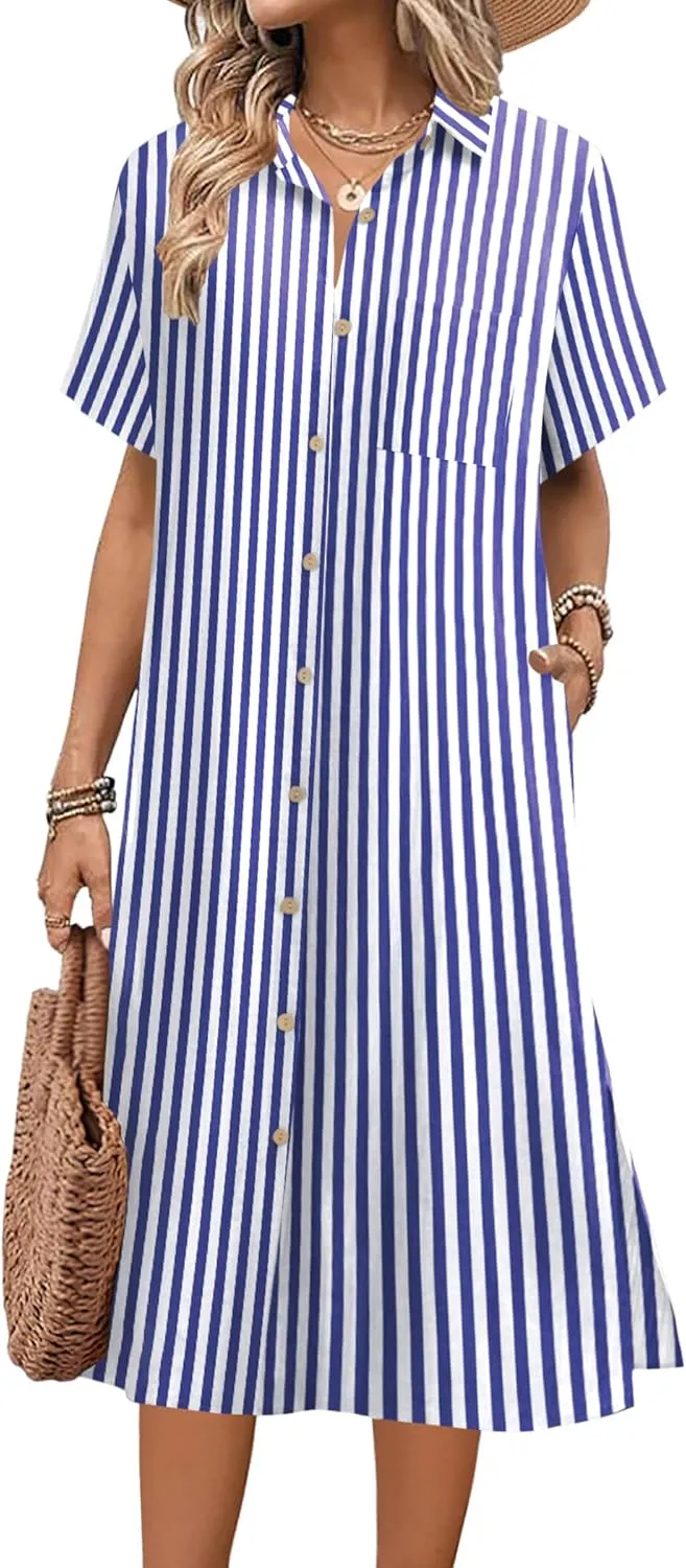 HOTOUCH Womens Dress Summer Casual Midi Short Sleeve Button Down Shirt Dresses Loose Beach Cover Up with Pockets