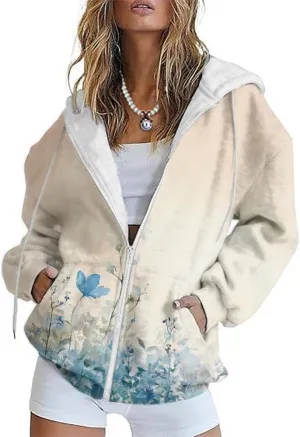 HOTYD Womens Oversized Zip Up Hoodies Floral Print Casual Long Sleeve Graphic Hoodies Plus Size Fall Tops with Front Pocket