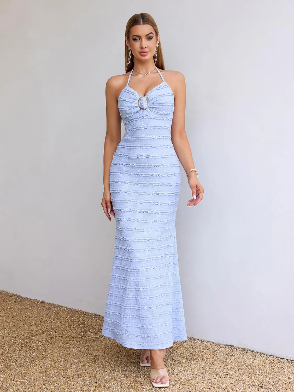 HTZMO Women Elegant Summer Casual Bodycon Maxi Dress Sexy V Neck Halter Ruffle Wedding Guest Formal Long Dresses