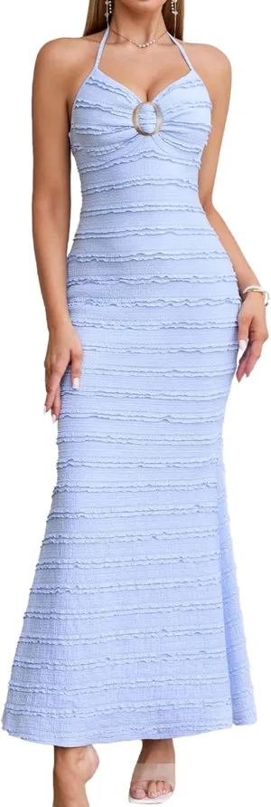 HTZMO Women Elegant Summer Casual Bodycon Maxi Dress Sexy V Neck Halter Ruffle Wedding Guest Formal Long Dresses