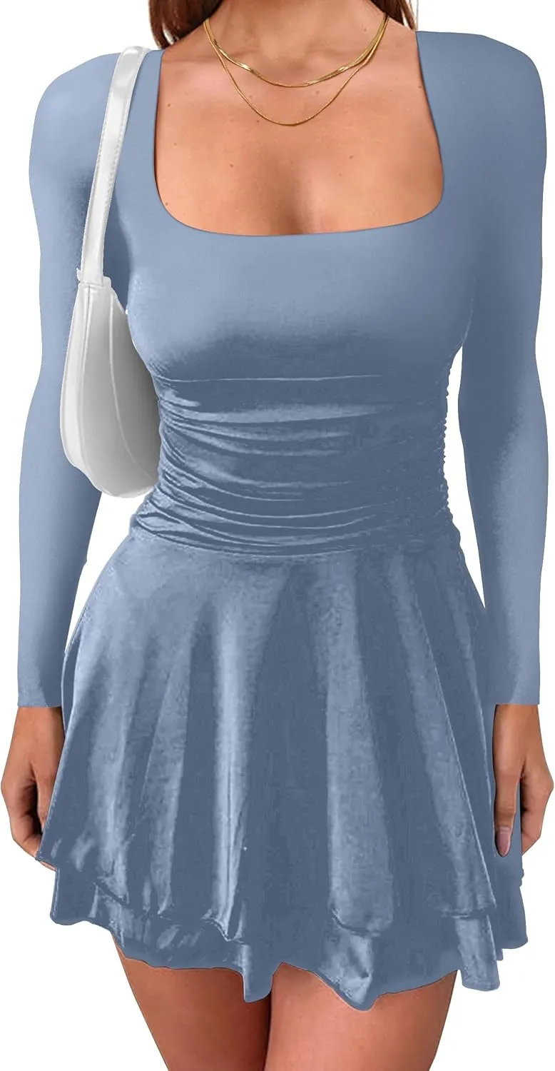 HYPERFIRE Women's Ruched Square Neck Long Sleeve Mini Dress Flowy Short Dresses Party Club