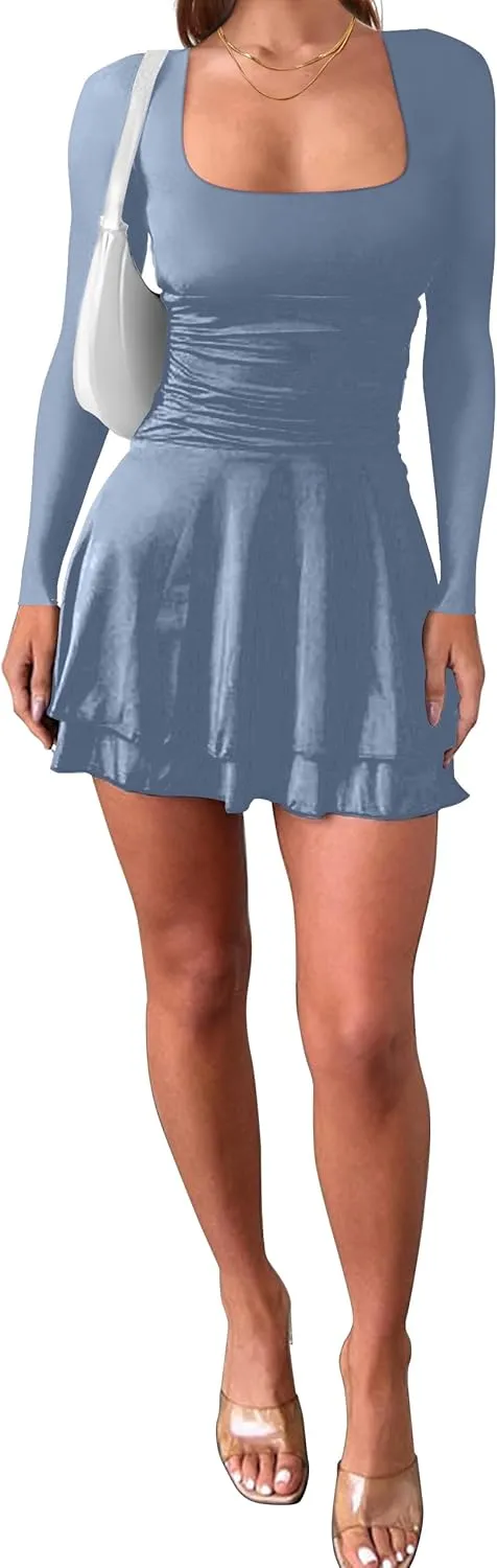 HYPERFIRE Women's Ruched Square Neck Long Sleeve Mini Dress Flowy Short Dresses Party Club