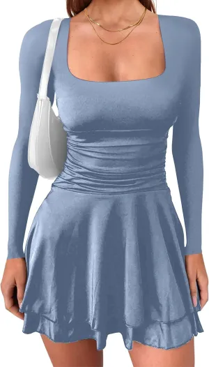 HYPERFIRE Women's Ruched Square Neck Long Sleeve Mini Dress Flowy Short Dresses Party Club