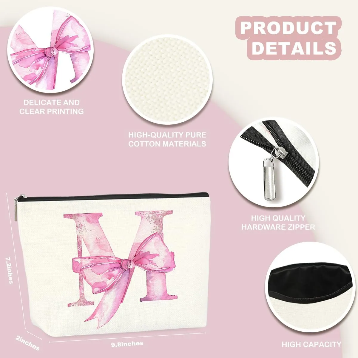 Initial Makeup Bag, Monogram Bow Travel Toiletry Bag, Make Up Bag, Personalized Preppy Cosmetic Bag, Toiletry Bag Makeup Pouch Bag for Purse, Birthday Gifts for Women (Pink,M)