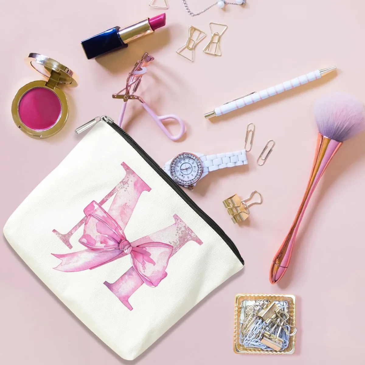 Initial Makeup Bag, Monogram Bow Travel Toiletry Bag, Make Up Bag, Personalized Preppy Cosmetic Bag, Toiletry Bag Makeup Pouch Bag for Purse, Birthday Gifts for Women (Pink,M)