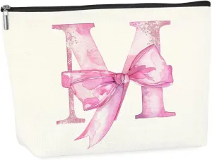 Initial Makeup Bag, Monogram Bow Travel Toiletry Bag, Make Up Bag, Personalized Preppy Cosmetic Bag, Toiletry Bag Makeup Pouch Bag for Purse, Birthday Gifts for Women (Pink,M)