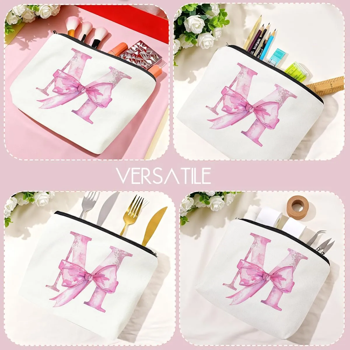 Initial Makeup Bag, Monogram Bow Travel Toiletry Bag, Make Up Bag, Personalized Preppy Cosmetic Bag, Toiletry Bag Makeup Pouch Bag for Purse, Birthday Gifts for Women (Pink,M)
