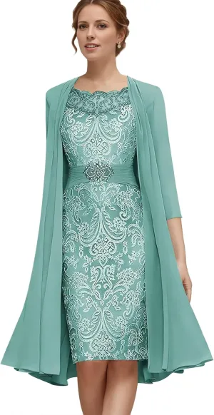 Jamille 2 Pieces Mother of The Bride Dress with Jacket Beaded Lace Appliques Evening Dress Chiffon 3/4 Sleeves JA0107