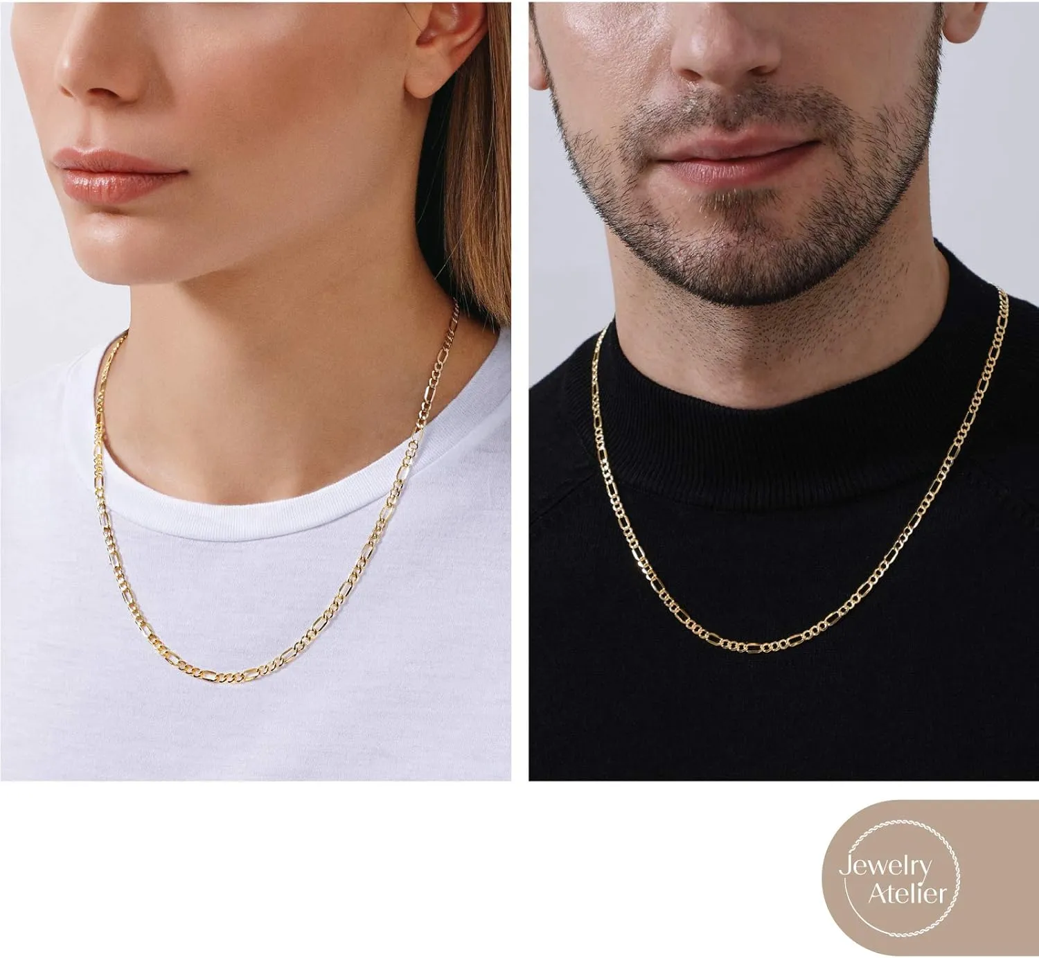 Jewelry Atelier Gold Chain Necklace Collection - 14K Solid Yellow Gold Filled Figaro Chain Necklaces for Women and Men with Different Sizes (2.8mm, 3.7mm, 4.7mm, 5.6mm)
