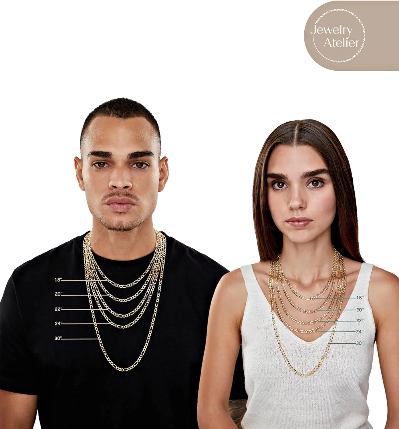 Jewelry Atelier Gold Chain Necklace Collection - 14K Solid Yellow Gold Filled Figaro Chain Necklaces for Women and Men with Different Sizes (2.8mm, 3.7mm, 4.7mm, 5.6mm)